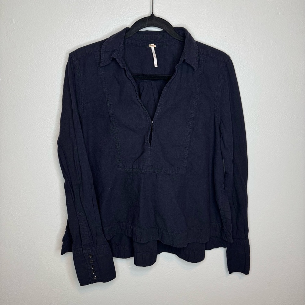 Free People Through The Storm Pullover Combo Long Sleeve V Neck Linen Cotton